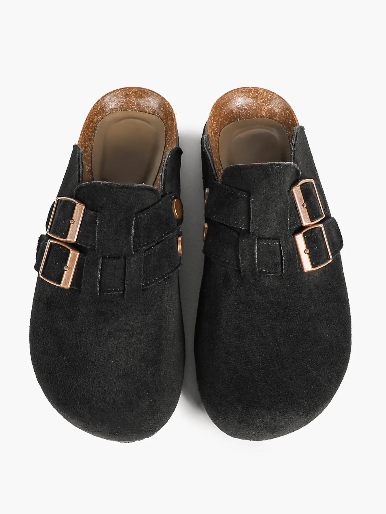 Gray Suede Double Buckle Boston Clogs  Closed Toe Cork Mule with Bronze Hardware YISHIFAN