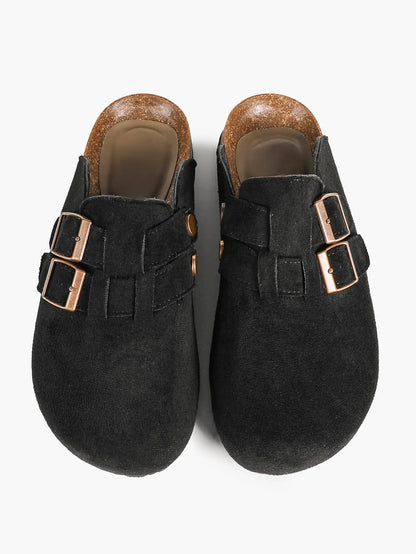 Gray Suede Double Buckle Boston Clogs  Closed Toe Cork Mule with Bronze Hardware YISHIFAN