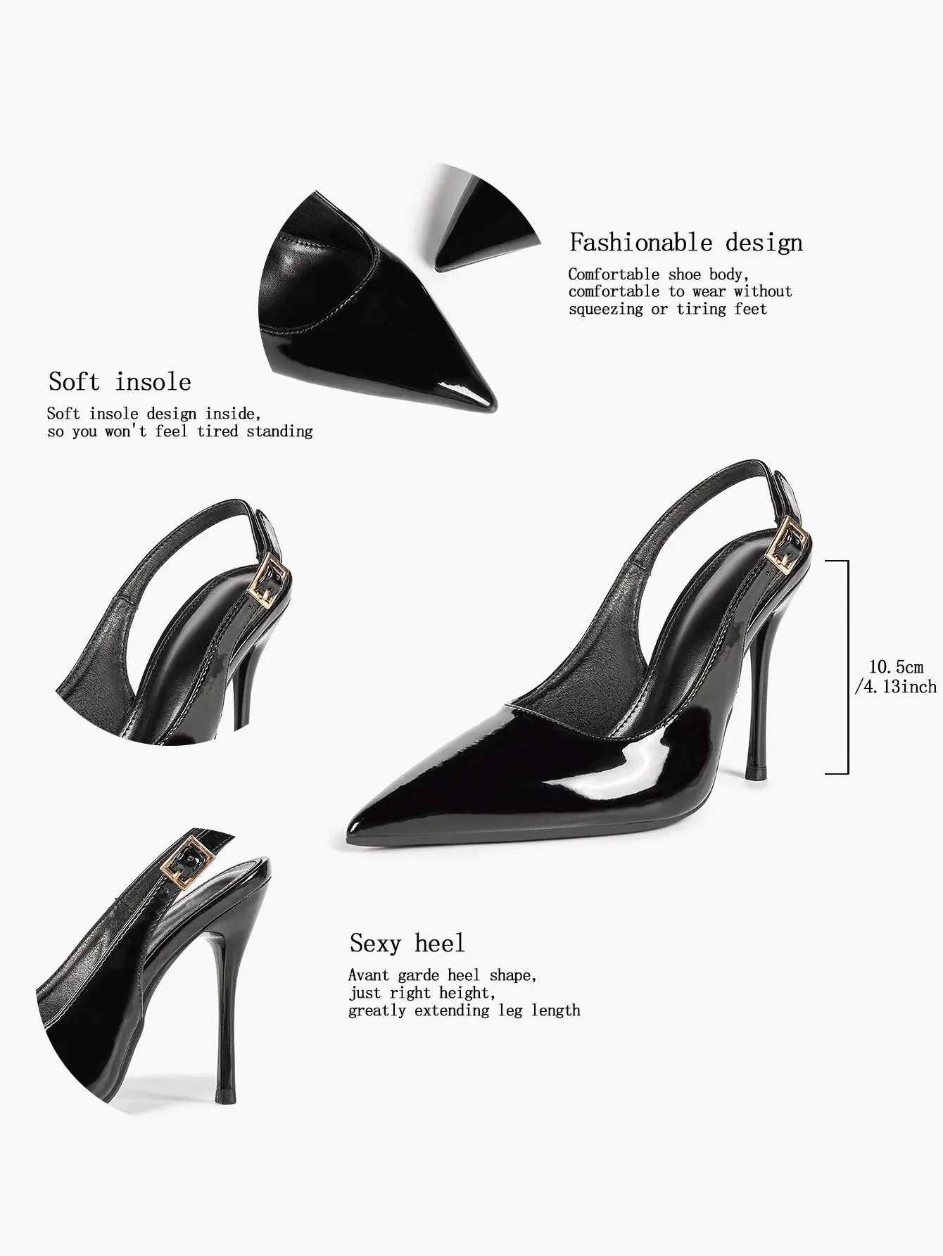 Patent Leather Pointed-Toe Slingback Heels with Gold Buckle YISHIFAN