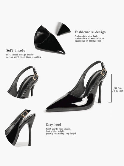 Patent Leather Pointed-Toe Slingback Heels with Gold Buckle YISHIFAN