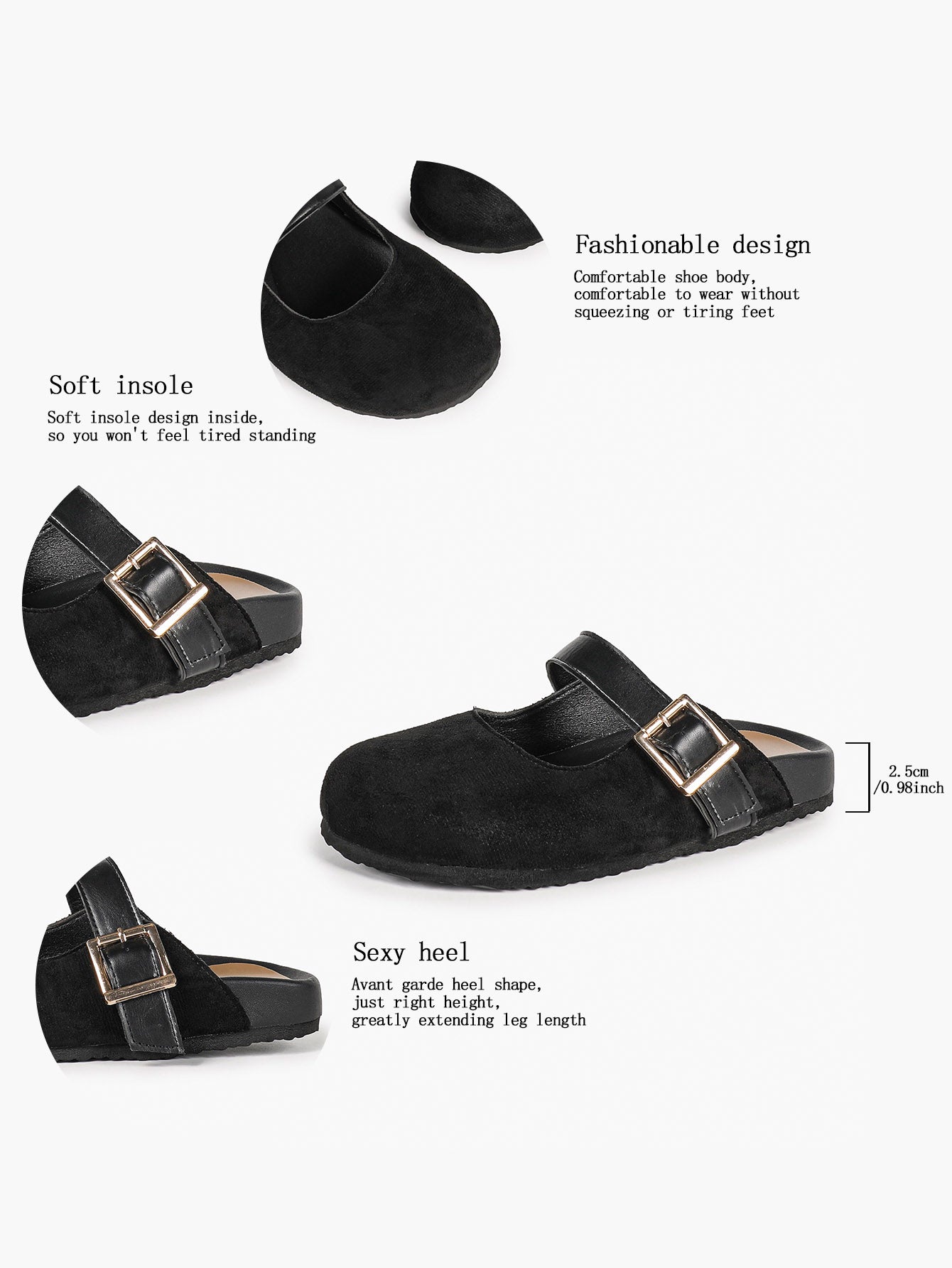 Black Suede Buckled Strap Slip-On Mules with Gold-Tone Hardware