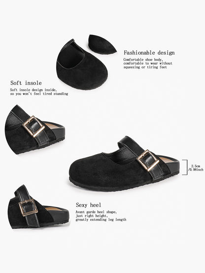 Black Suede Buckled Strap Slip-On Mules with Gold-Tone Hardware