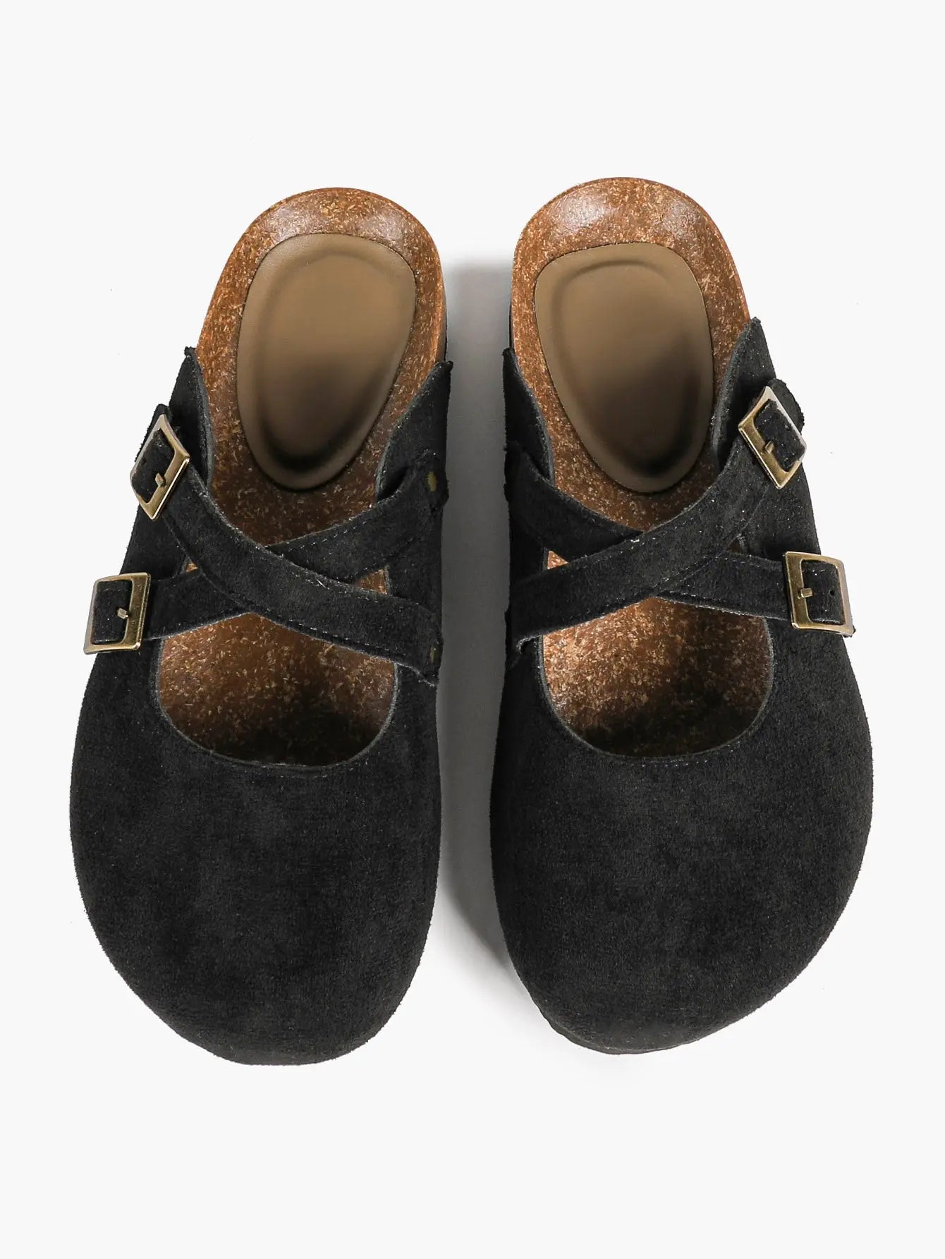 Black Suede Double Cross Strap Boston Clogs – Women's Cork Platform Closed Toe Mule with Antique Gold Buckles YISHIFAN