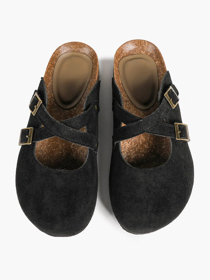 Black Suede Double Cross Strap Boston Clogs – Women's Cork Platform Closed Toe Mule with Antique Gold Buckles YISHIFAN