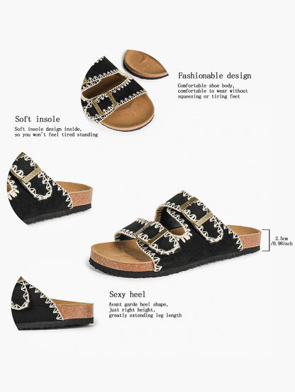 Taupe Suede-Effect Slides with Whipstitch Trim and Gold-Tone Buckles