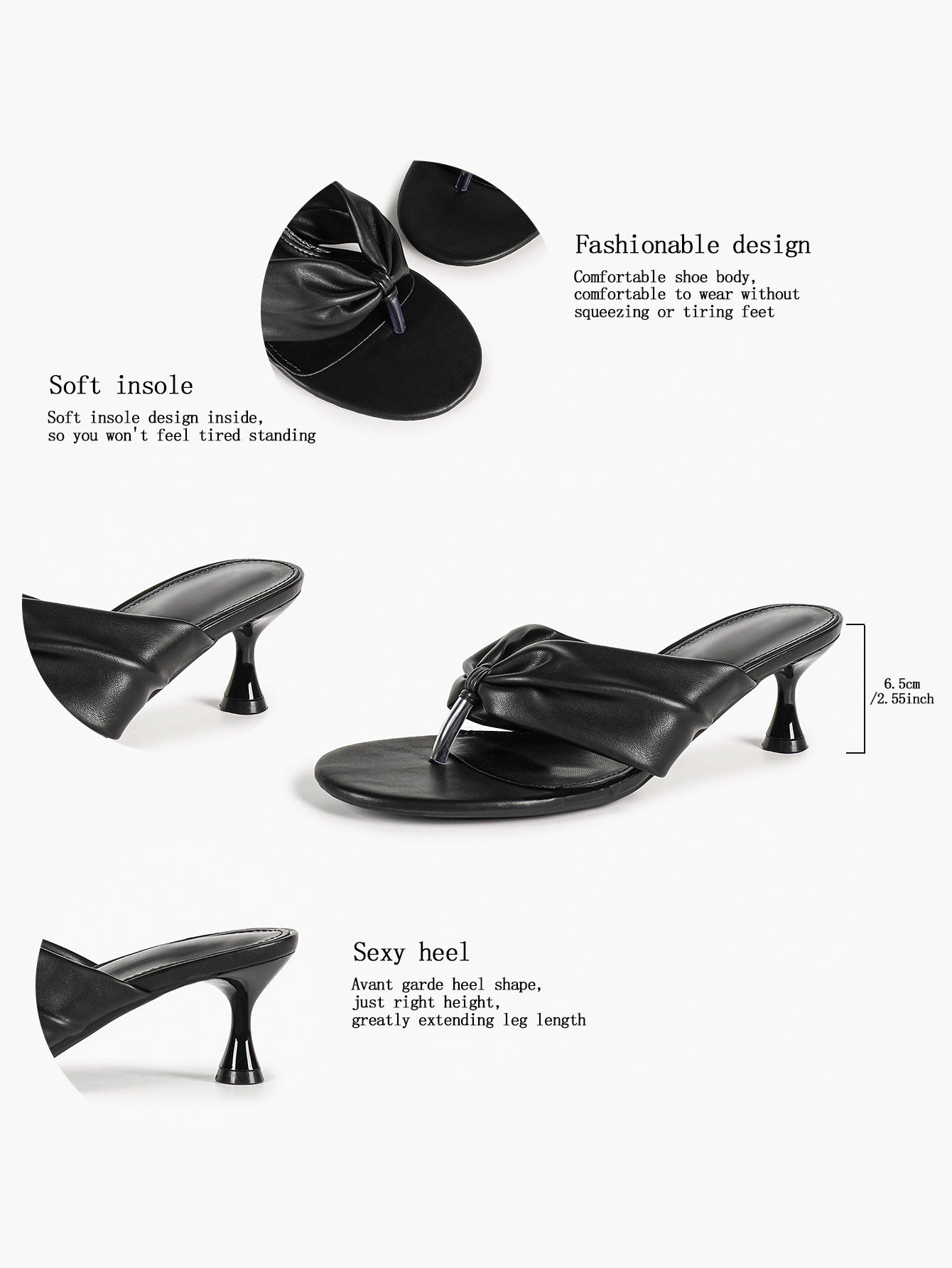 Black Ruched Leather Thong Mules Gathered Knot Kitten Heels Slip-On Office Casual Shoes
