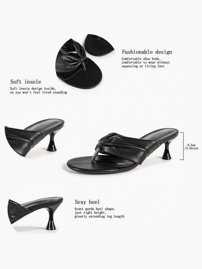 Black Ruched Leather Thong Mules Gathered Knot Kitten Heels Slip-On Office Casual Shoes