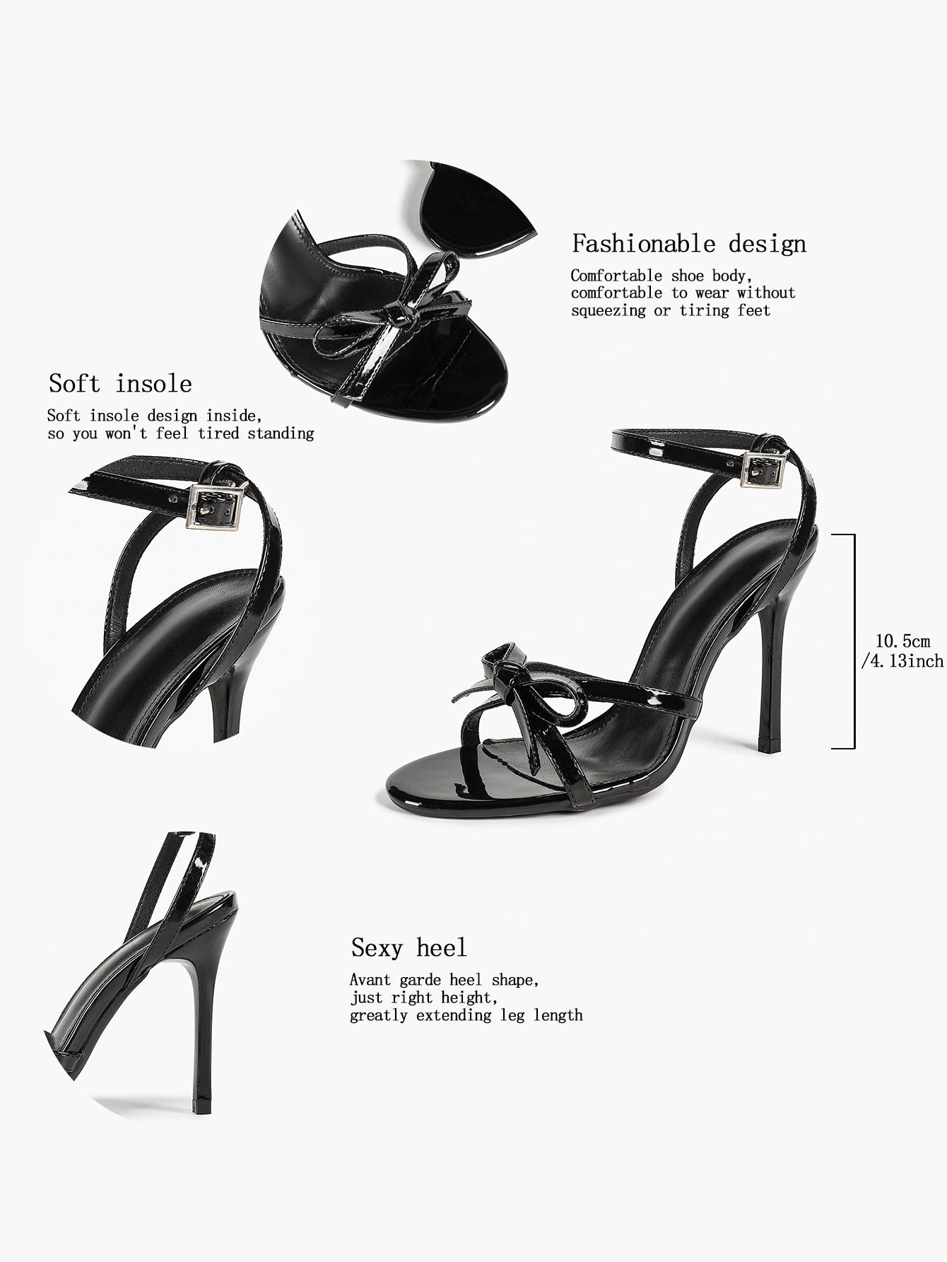 Black Patent Pointed Open Toe Stiletto Sandals Ankle Strap with Bow Detail Heels Office Casual Shoes