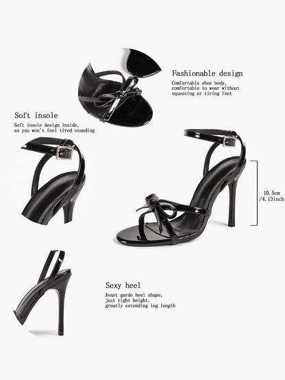 Black Patent Pointed Open Toe Stiletto Sandals Ankle Strap with Bow Detail Heels Office Casual Shoes