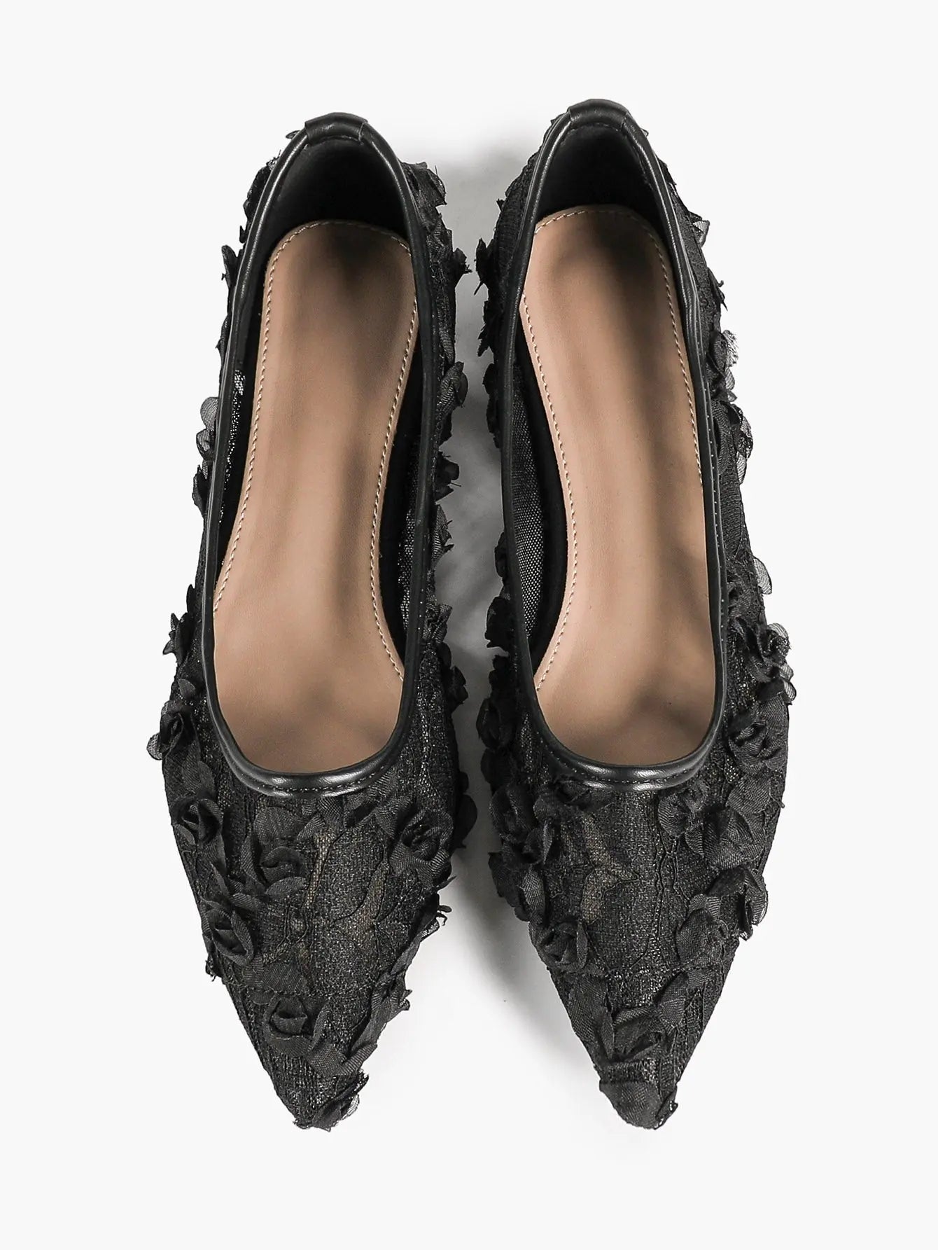 Pink 3D Rose Appliqué Lace Mesh Pointed Toe Flats – Women's Handcrafted Floral Ballet Flat YISHIFAN