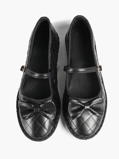 Women Round Toe Bow Quilted Mary Janes Flats Comfortable Casual Dress Shoes with Buckle Strap Casual Work Office Shoes YISHIFAN