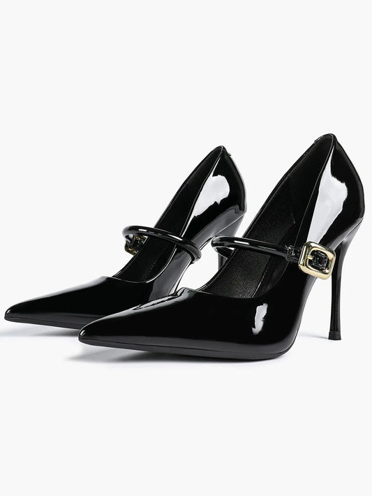 Women's Leather Stiletto Heels 4.13 Inch Pointed Toe Strap Pumps Shoes with Buckle for Casual Office YISHIFAN