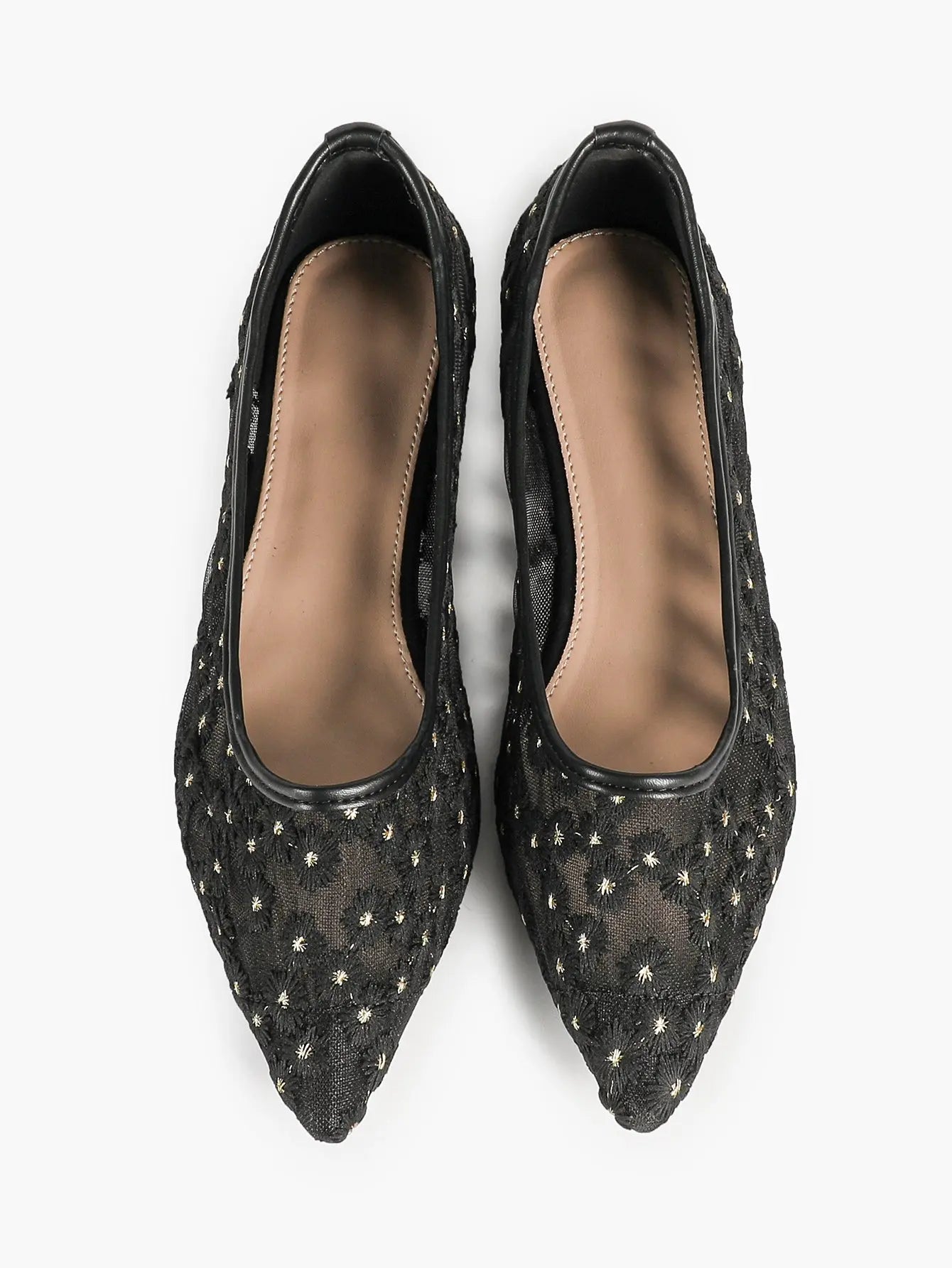 Black Floral Lace & Gold Star Embroidery Mesh Pointed Toe Flats – Women's Night-Sky Ballet Flat YISHIFAN