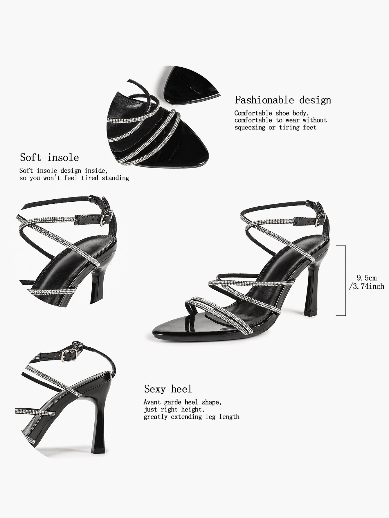 Black Patent Rhinestone Wraparound Strap Sandals Pointed Open Toe Stiletto Heels Night Out Party Shoes
