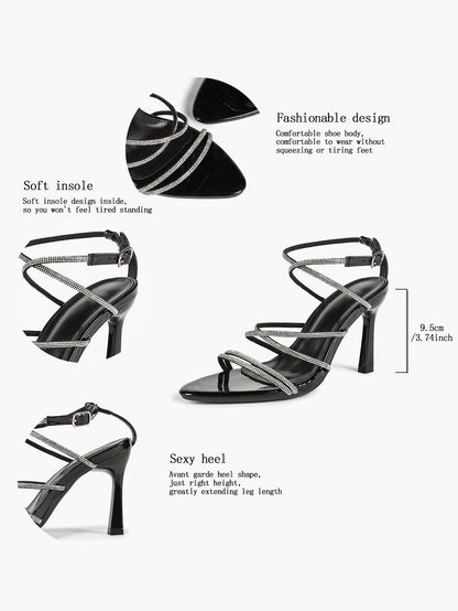 Black Patent Rhinestone Wraparound Strap Sandals Pointed Open Toe Stiletto Heels Night Out Party Shoes