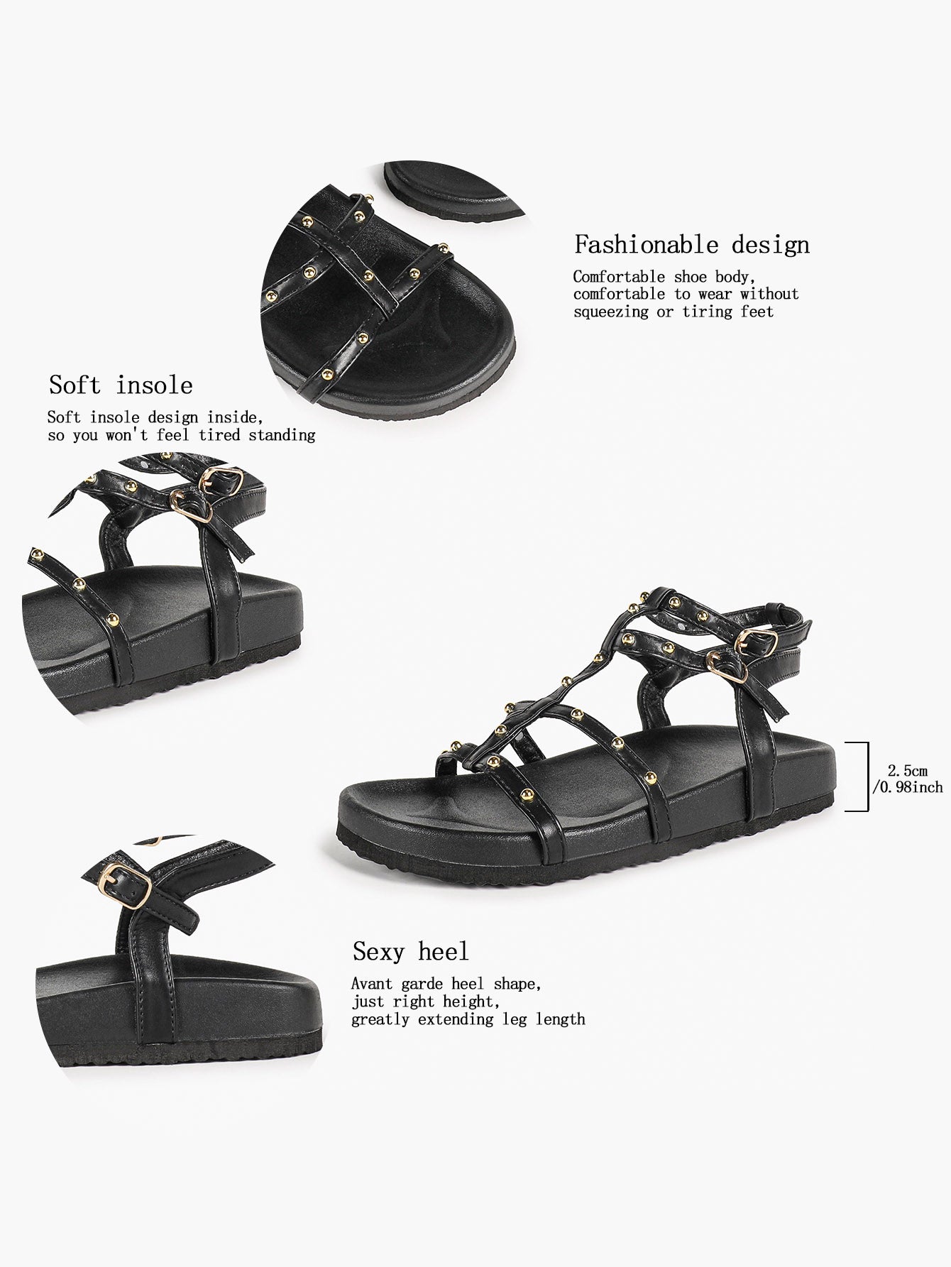 Black Multi-Strap Studded Sandals with Adjustable Ankle Buckles