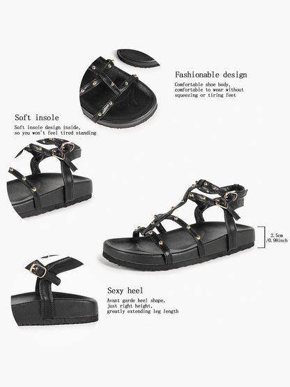 Black Multi-Strap Studded Sandals with Adjustable Ankle Buckles