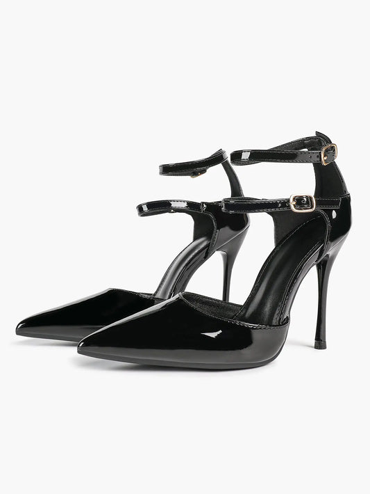 Women's Black Closed Pointed Toe Stiletto Double Ankle Strap Sculptural Heel for Party Formal Dress Shoes YISHIFAN