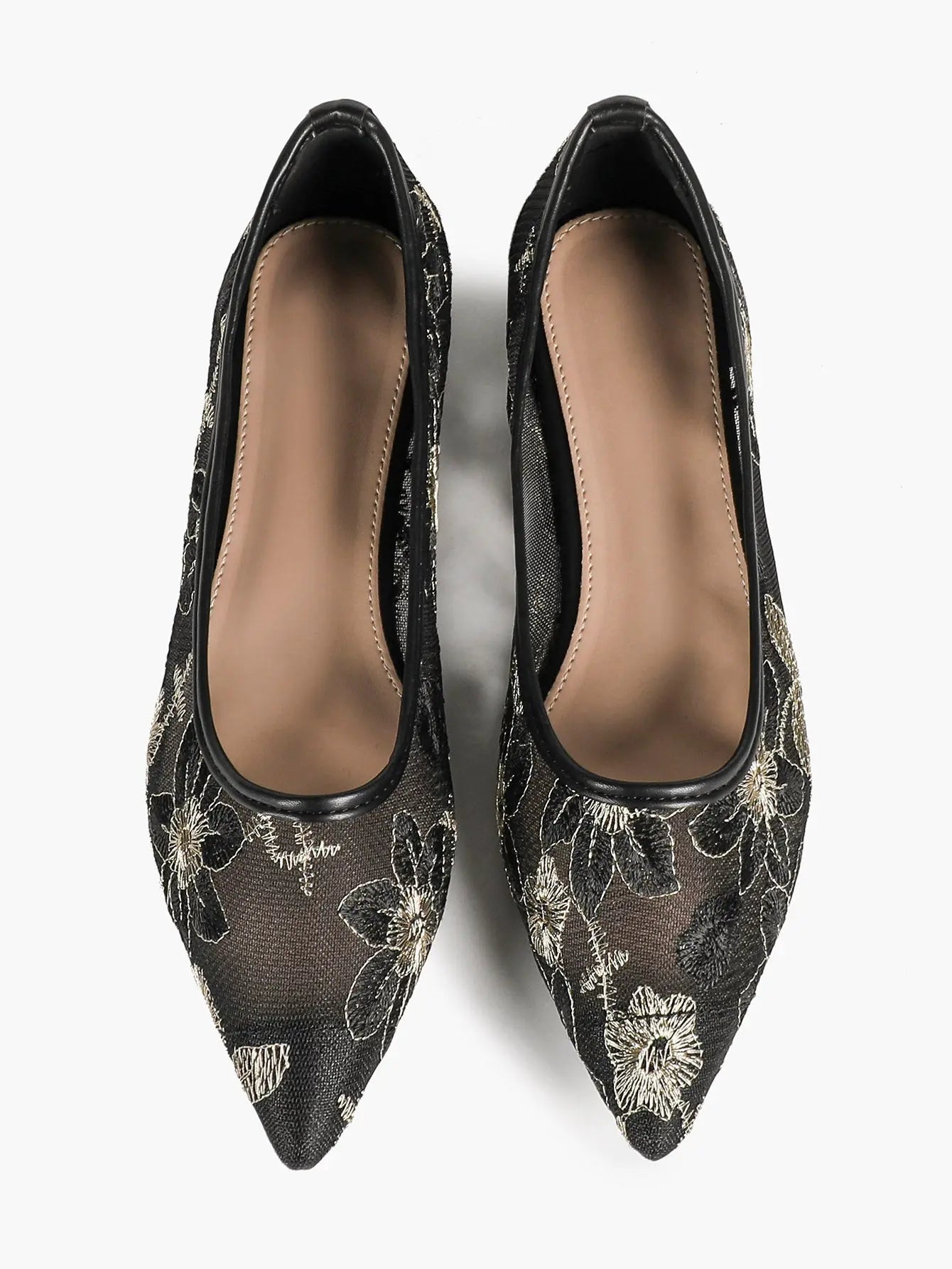 White & Gold Chrysanthemum Embroidery Mesh Pointed Toe Flats – Women's Metallic Floral Ballet Flat YISHIFAN