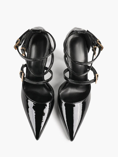 Cream Triple Ankle Strap Stiletto Pumps – Women’s Pointed Toe Cage Heel High Heels YISHIFAN