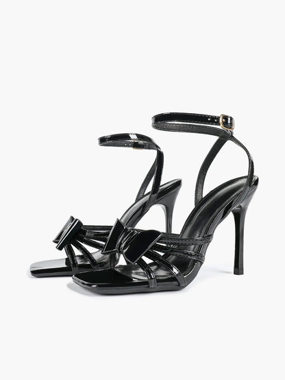 Women's Metallic Silver Open Toe Square Stiletto Sandals Galaxy Bowknot with Ankle Strap for Any Formal Scene YISHIFAN