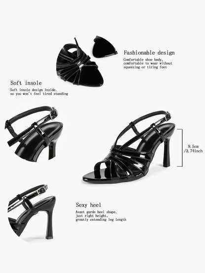 Women's Black Patent Leather Pointed Toe Stiletto Slingback Pumps Adjustable Buckle Office