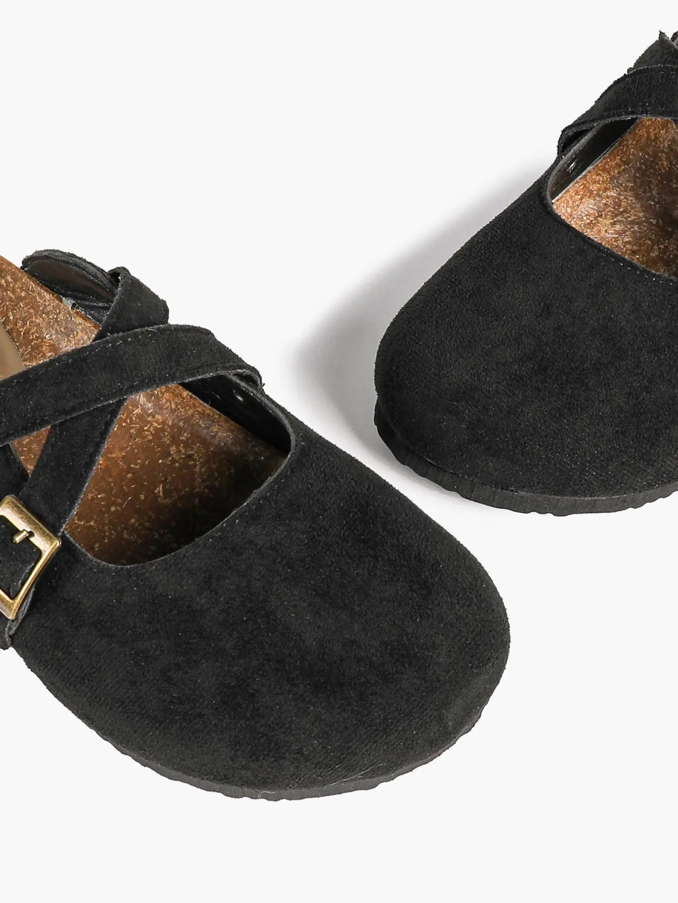 Black Suede Double Cross Strap Boston Clogs – Women's Cork Platform Closed Toe Mule with Antique Gold Buckles YISHIFAN
