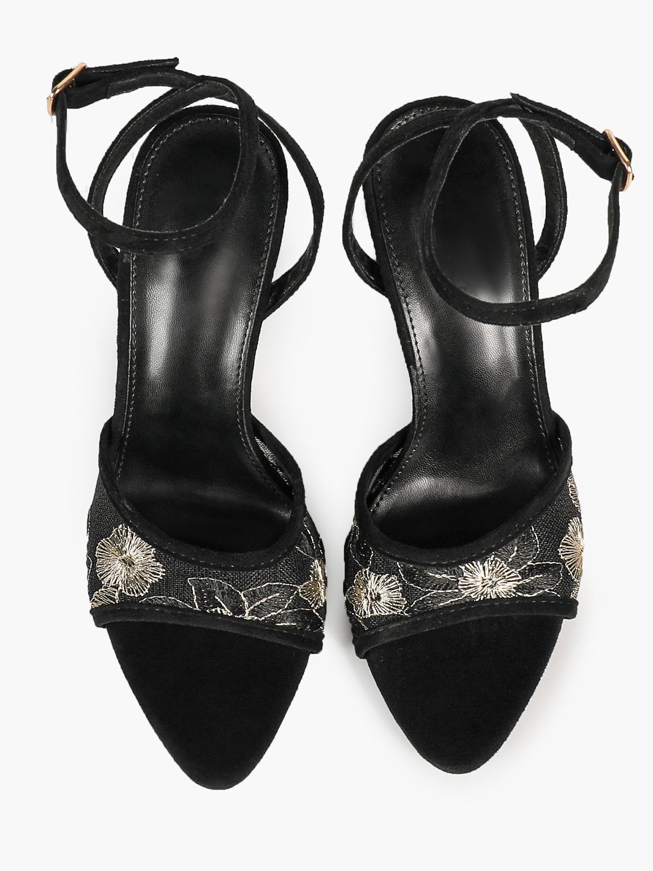 Cream Suede Trim Floral Sequin Strap Heels Ankle Buckle Pointed Open Toe Stilettos Chic Date Night Shoes