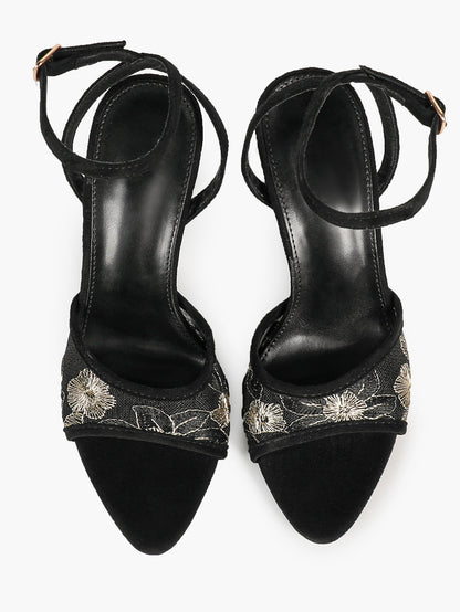 Cream Suede Trim Floral Sequin Strap Heels Ankle Buckle Pointed Open Toe Stilettos Chic Date Night Shoes