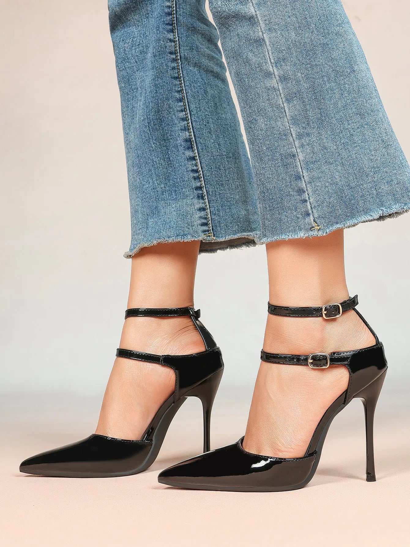 Women's Black Closed Pointed Toe Stiletto Double Ankle Strap Sculptural Heel for Party Formal Dress Shoes YISHIFAN
