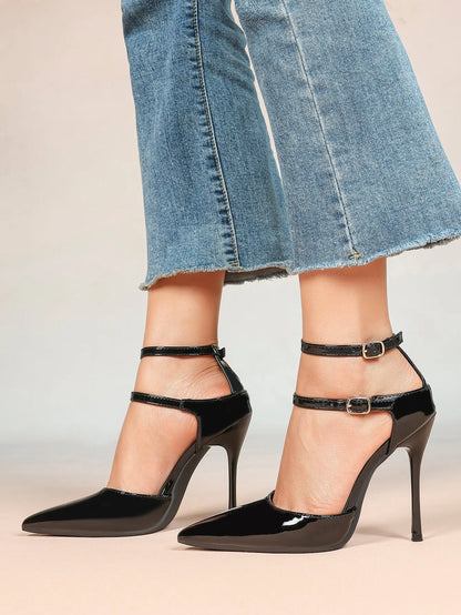 Women's Black Closed Pointed Toe Stiletto Double Ankle Strap Sculptural Heel for Party Formal Dress Shoes YISHIFAN