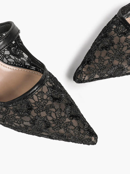 Black Floral Lace Mary Jane Kitten Heel Mules – Women's Pointed Toe Goblet Heel Slip-On YISHIFAN