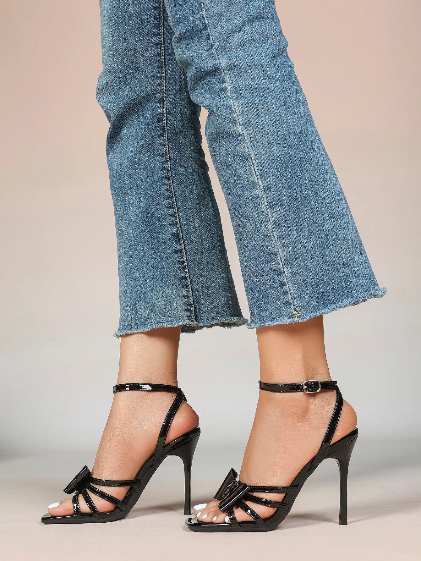 Women's Metallic Silver Open Toe Square Stiletto Sandals Galaxy Bowknot with Ankle Strap for Any Formal Scene YISHIFAN