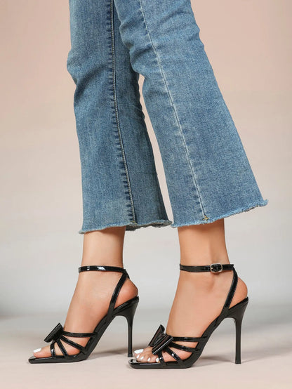 Women's Metallic Silver Open Toe Square Stiletto Sandals Galaxy Bowknot with Ankle Strap for Any Formal Scene YISHIFAN