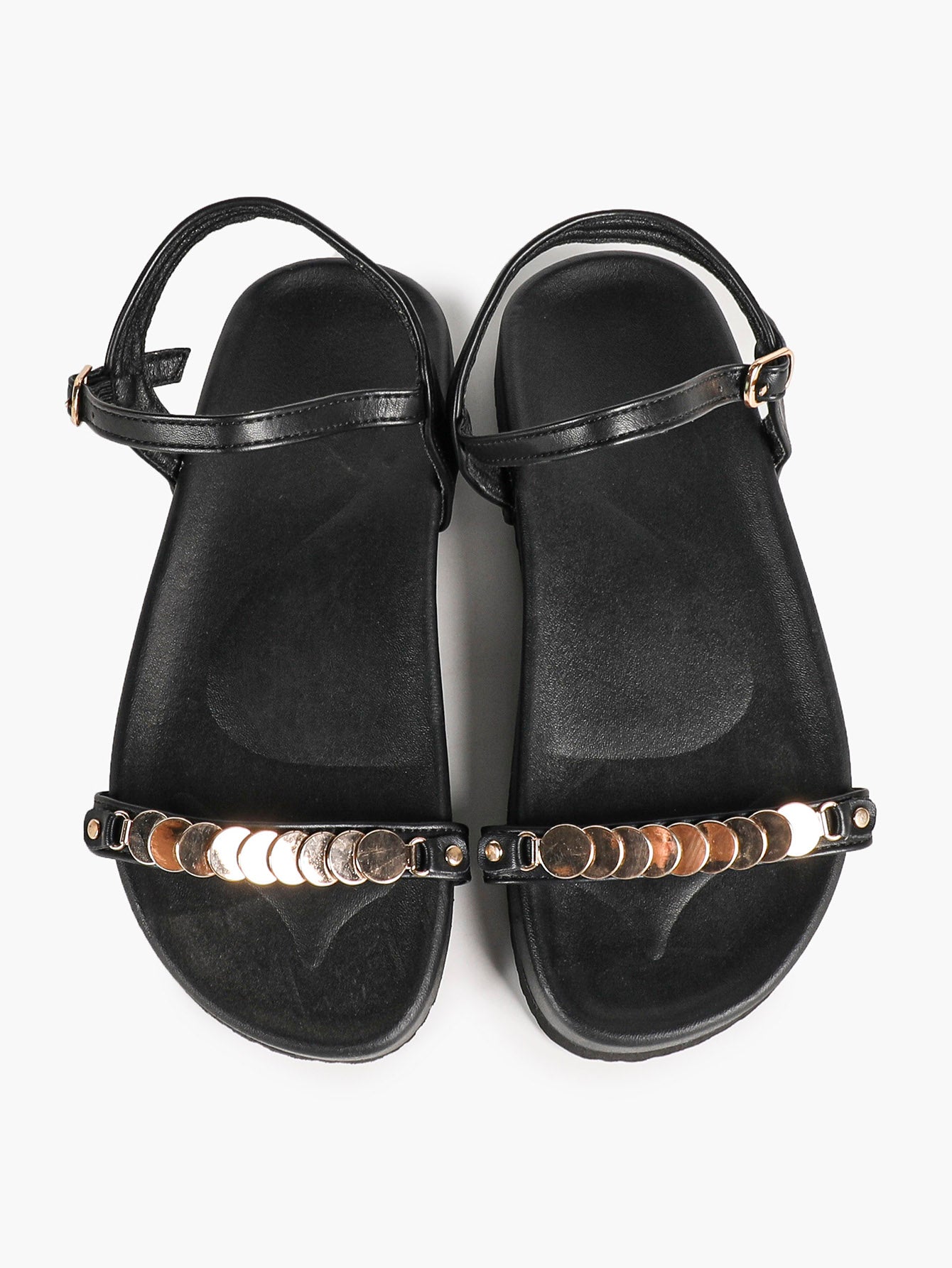 Black Flat Sandals with Gold-Tone Coin Detail and Adjustable Ankle Strap