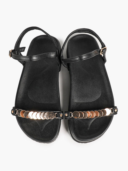 Black Flat Sandals with Gold-Tone Coin Detail and Adjustable Ankle Strap