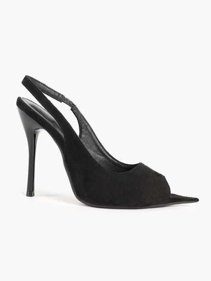 Women's Black Suede Pointed Peep Toe Stiletto Slingback Pumps Elastic Strap Office Shoes