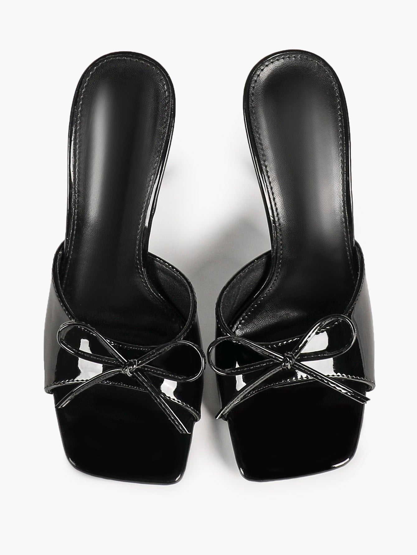 Black Patent Stiletto Mules - Square Toe with Cute Bow & Durable Sole