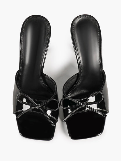 Black Patent Stiletto Mules - Square Toe with Cute Bow & Durable Sole