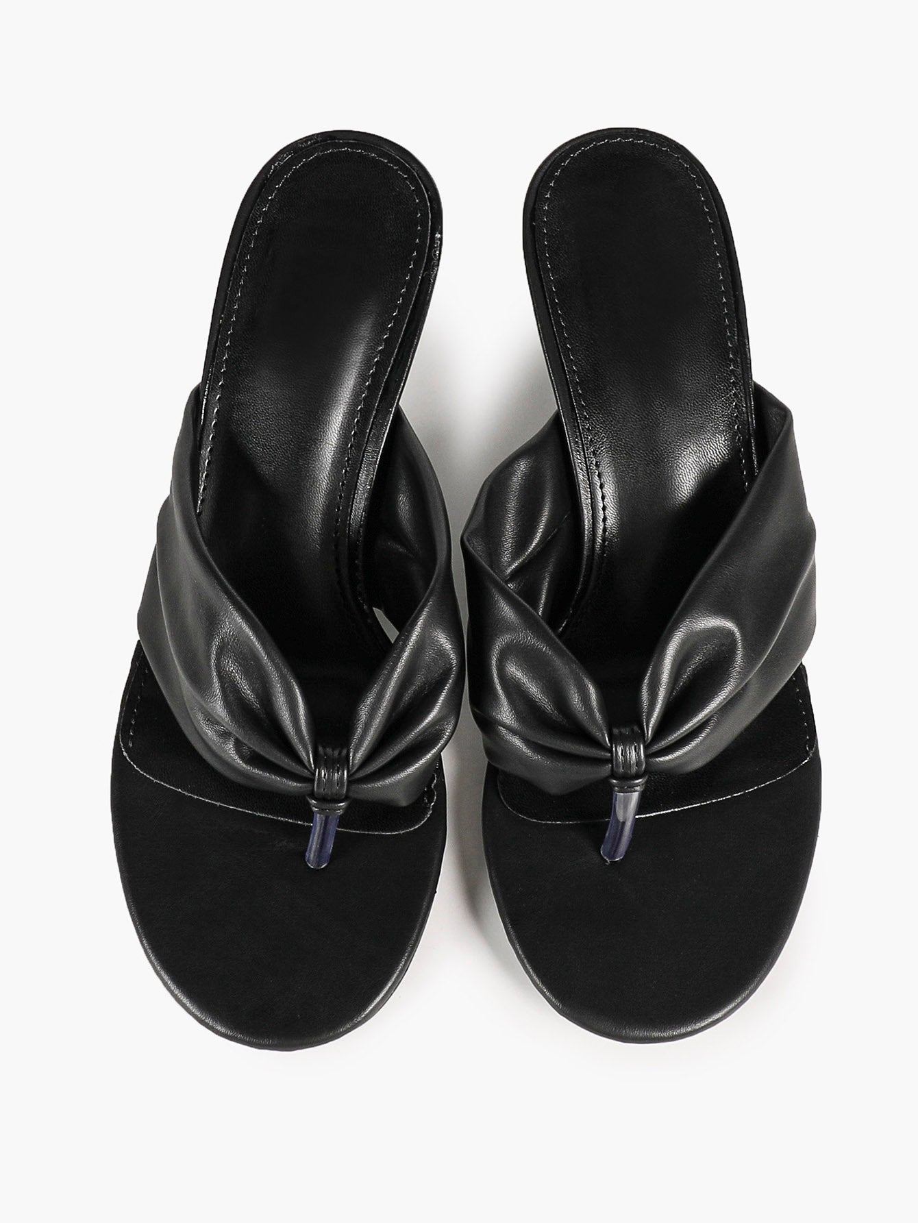 Black Ruched Leather Thong Mules Gathered Knot Kitten Heels Slip-On Office Casual Shoes