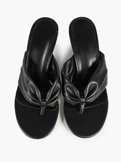 Black Ruched Leather Thong Mules Gathered Knot Kitten Heels Slip-On Office Casual Shoes