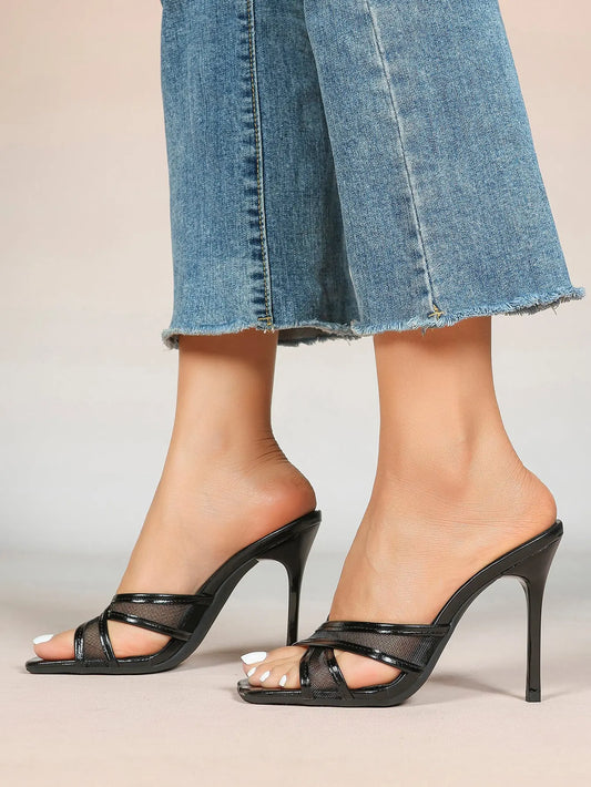 Women's Square Toe Cross Strap High Heel Sandals 3.74 Inch Sexy Stiletto Heels with Soft Insole Comfortable Mesh YISHIFAN