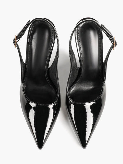 Patent Leather Pointed-Toe Slingback Heels with Gold Buckle YISHIFAN