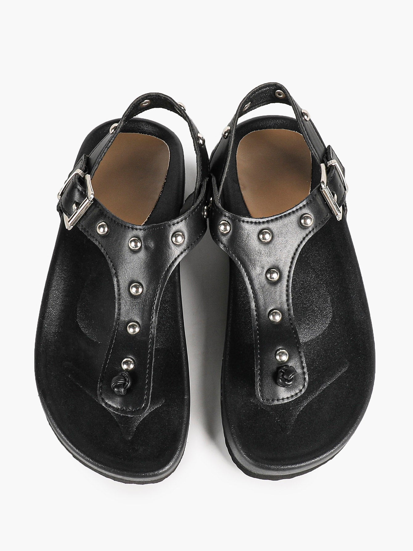 Black Studded T-Strap Thong Sandals with Chunky Platform Sole