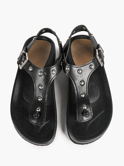 Black Studded T-Strap Thong Sandals with Chunky Platform Sole
