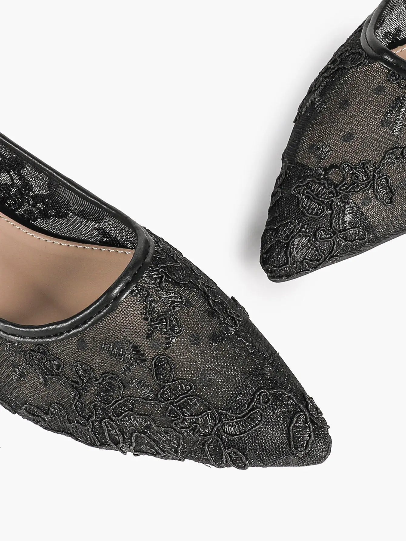 Black Lace Mesh Pointed Toe Flats Sheer Ballet Floral Embroidery YISHIFAN