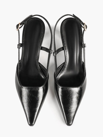 Black Pointed Toe Slingback Pumps 7.5CM Sculptural Heel Adjustable Ankle Strap Dress Shoes YISHIFAN