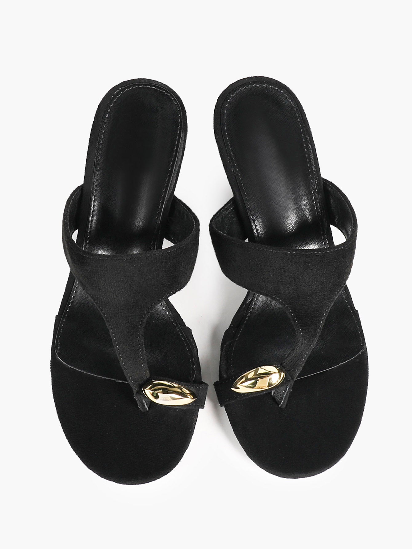 Black Suede Toe Post Heeled Sandals Wide Band Backless Mules with Gold Hardware Vacation