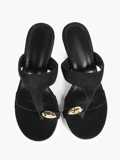 Black Suede Toe Post Heeled Sandals Wide Band Backless Mules with Gold Hardware Vacation