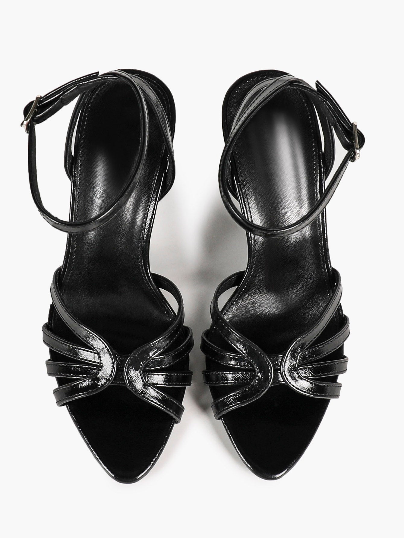 Women's Black Patent Knotted Strap Ankle Strap Block Heels Open Toe Dress Shoes